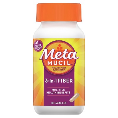 Metamucil, Daily Psyllium Husk Powder Supplement, 3-in-1 Fiber for Digestive Health, Plant Based Fiber, 100ct Capsules (Pack of 2)