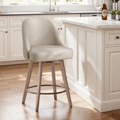 Bekrvio 26" Swivel Bar Stools Set of 1 with Solid Wood Legs, 3.15" Linen Upholstered Seat with Back, Mid-Century Bar Chairs for Kitchen Island, Brown (LOCAL PICKUP ONLY)