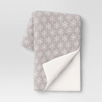 Snowflake Printed Plush with Faux Shearling Reverse Throw Blanket Gray/Ivory - Threshold
