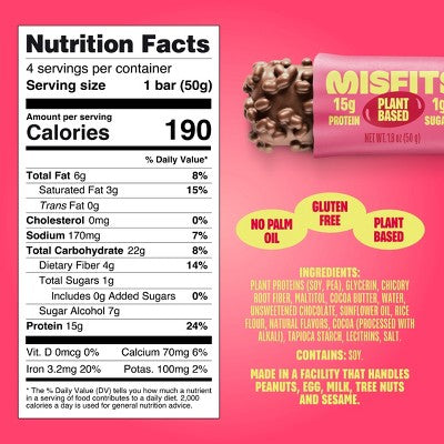 Misfits Plant Based Cookie Butter Protein Bar - 15g Protein - 7.1oz/4pk