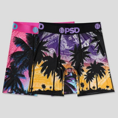 PSD Men's 2pk Aloha Sunrise Money Palms Boxer Briefs - Purple Money Palm/Pink M