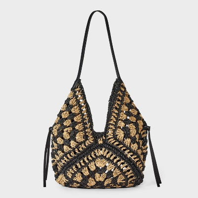 Hand Crocheted Straw Tassel Shoulder Bag - Universal Thread Natural/Black