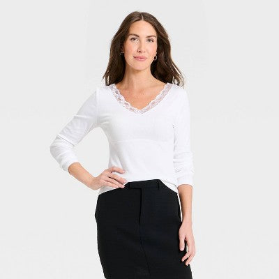 Women's Lace Trim V-Neck Ribbed Top - A New Day White L