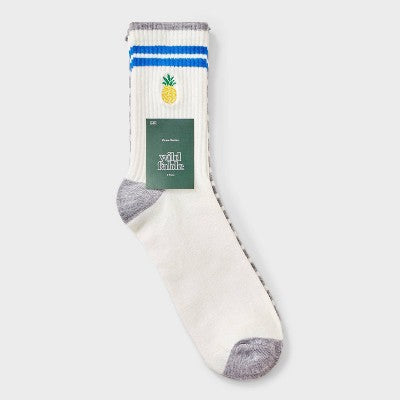 Women's 2pk Ribbed Scallop Edge Embroidered Pineapple Crew Socks - Wild Fable Cream/Grey 4-10
