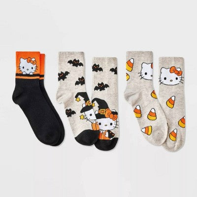 Women's Hello Kitty Halloween 3pk Mid Crews Socks - Oatmeal Heather/Black/Orange