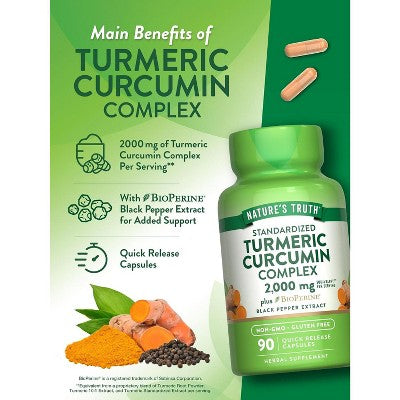 Nature's Truth Turmeric Curcumin Supplement 2000mg with Bioperine | 90 Capsules