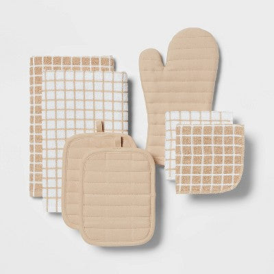 7pc Cotton Kitchen Textile Set Tan - Room Essentials: Includes Oven Mitt, Kitchen Towels, Pot Holders, Dish Cloths