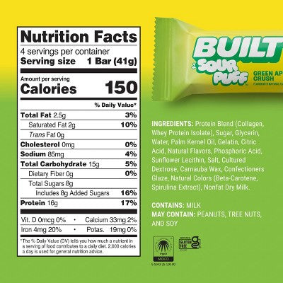 Built Bar Green Apple Crush Sour Puff Protein Bars - 16g Protein - 1.45oz/4ct