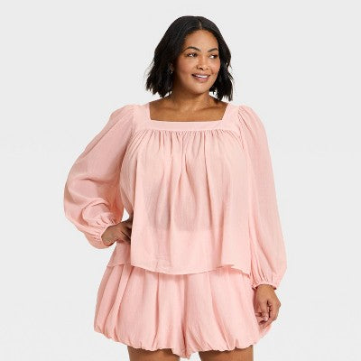 Women's Long Sleeve Square Neck Sheer Blouse XXL
