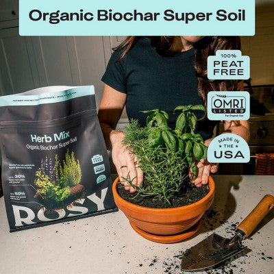 Rosy Soil 4qt Herb Mix Organic Potting Soil Blend for Indoor Plants: Enriched with Biochar, Worm Castings, Fast Draining, Peat Free