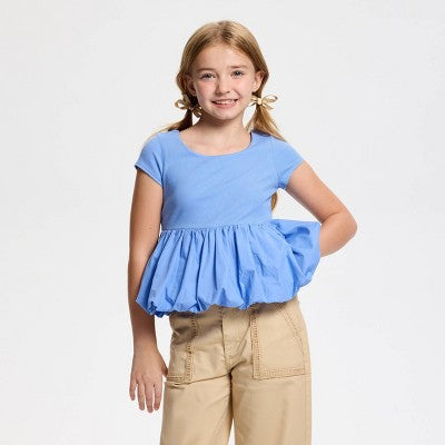 Owillo Girls' Short Sleeve Knit Bubble Hem Top - Blue S