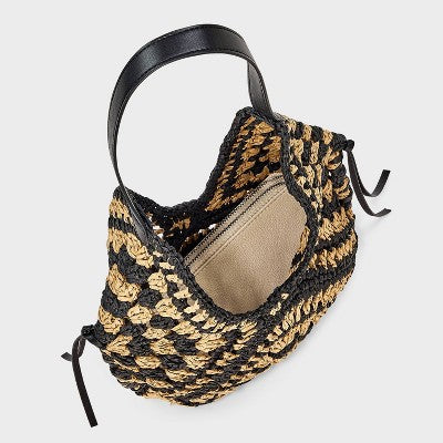 Hand Crocheted Straw Tassel Shoulder Bag - Universal Thread Natural/Black