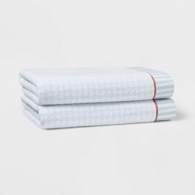 2pk single Traditional Gingham Plaid Bath Towel Blue- Thres
