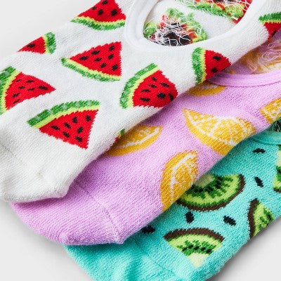 Women's Fruits 3pk Liner Socks - Pink/Ivory/Aqua 4-10: Midweight Knit, Hidden Gel Heel Grip