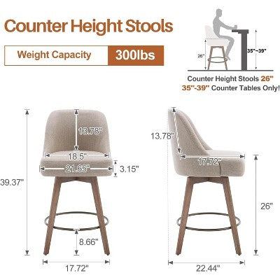 Bekrvio 26" Swivel Bar Stools Set of 1 with Solid Wood Legs, 3.15" Linen Upholstered Seat with Back, Mid-Century Bar Chairs for Kitchen Island, Brown (LOCAL PICKUP ONLY)