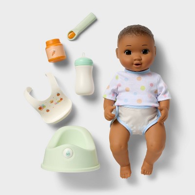 14" Drink and Wet Baby Doll - Dark Brown Hair + Brown Eyes - Gigglescape: Includes Spoon, Bib, Potty Chair, Diaper