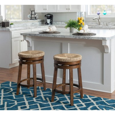Noah Swivel Backless Counter Height Barstool Walnut - Powell: Rubberwood Base, 360 Swivel, Jute Seat (LOCAL PICKUP ONLY)