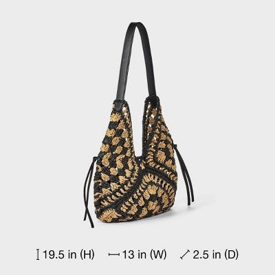 Hand Crocheted Straw Tassel Shoulder Bag - Universal Thread Natural/Black