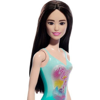 Beach Barbie Doll with Black Hair Wearing Tropical Blue Swimsuit