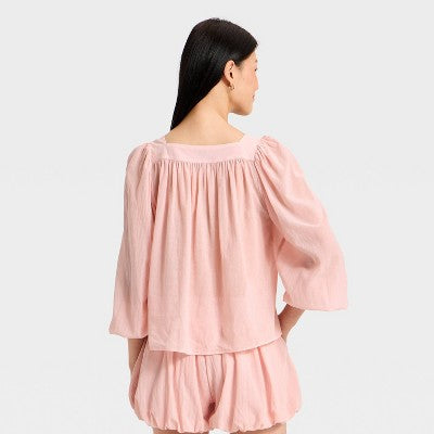 Women's Long Sleeve Square Neck Sheer Blouse - A New Day Pink S