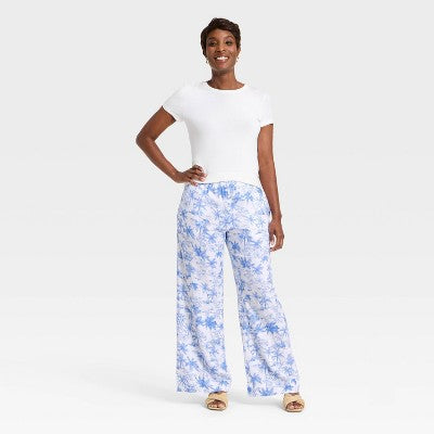Women's Linen Wide Leg Pull-On Pants - A New Day Blue/White Toile XL Short