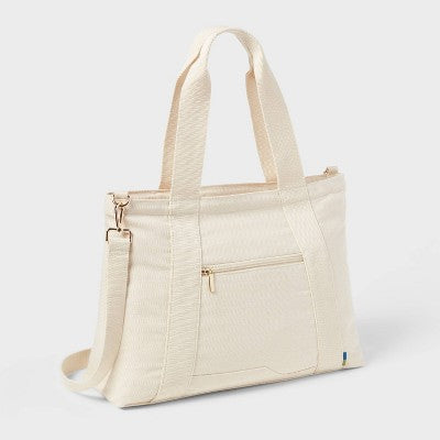 Solid Canvas School Tote Bag - Open Story Handbag with Padded Laptop Compartment