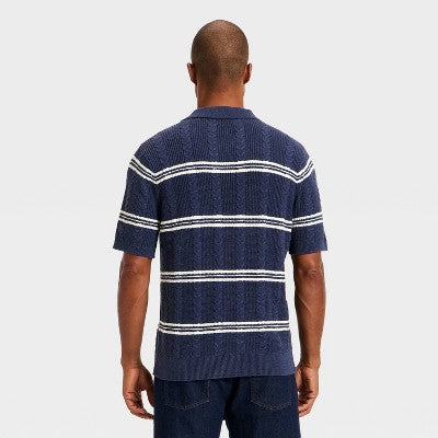 Men's Striped Short Sleeve Cable Sweater Goodfellow & Co Blue XL