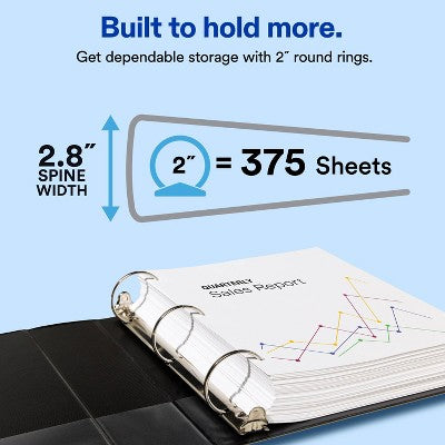 Avery Standard View 3 Ring Binder, 2" Round Rings, 375-Sheet Capacity, 2.8 Inch Wide Spine, 1 White Binder, Ideal for Lightweight Organization