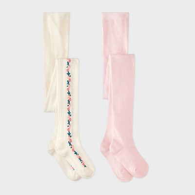 Girls' 2pk Floral Pointelle Tights - Cat & Jack Ivory/Pink S
