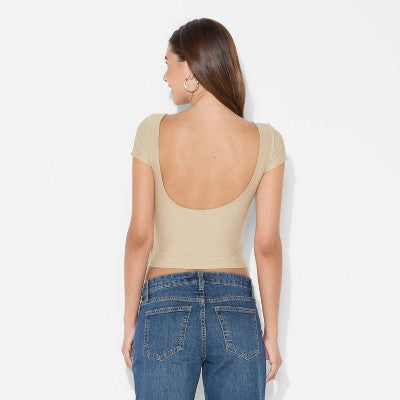 Women's Short Sleeve Boatneck Synthetic T-Shirt -Khaki XL