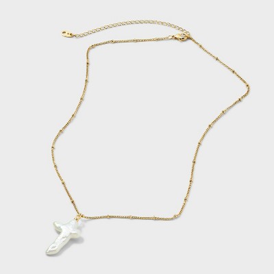 14K Gold Dipped Pearl Cross Necklace - Gold/Ivory