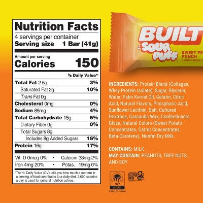 Built Bar Sweet Peach Punch Sour Protein Bars - 16g Protein - 1.45oz/4ct