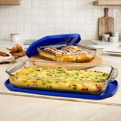 Libbey Bakers Basics 9x13 Deep, 8x8 Deep Glass Bakeware set with Press Fit Dark Blue Lids