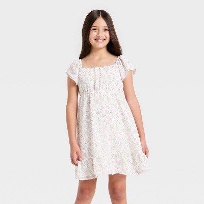 Girls' Ruffle Short Sleeve Chiffon Floral Dress Cat Jack Cream M