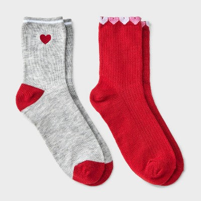 Girls' 2pk Embroidered Heart Crew Socks - art class Heather Gray/Red S