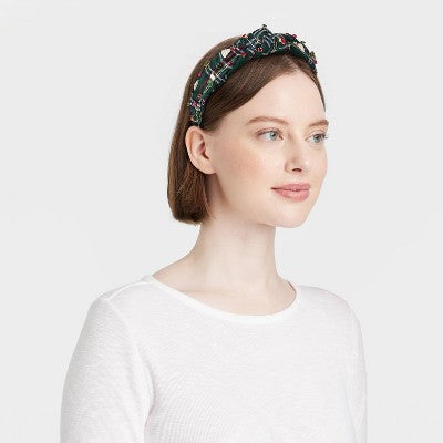 Christmas Plaid Embellished Top Knot Headband - Green/Red