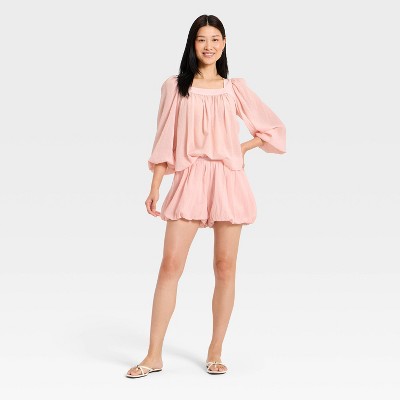 Women's Long Sleeve Square Neck Sheer Blouse - A New Day Pink S