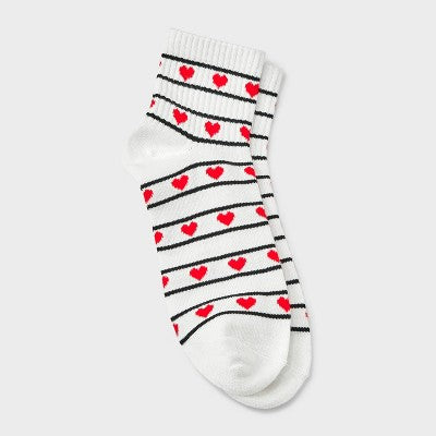 Women's Stripes & Hearts Valentine's Day Ankle Socks - Ivory/Black/Red 4-10