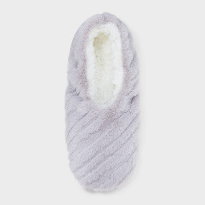 Women's Diagonal Stripe Textured Faux plush Cozy Pull-On Slipper Socks with Grippers - Auden Light Gray S/M: Cushioned Insole