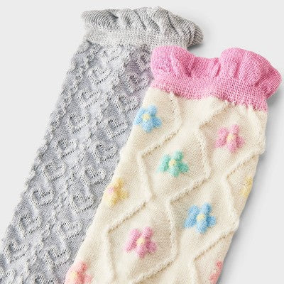 Girls' 2pk Textured Floral & Hearts Ruffle Knee High Socks - Cat & Jack Ivory M