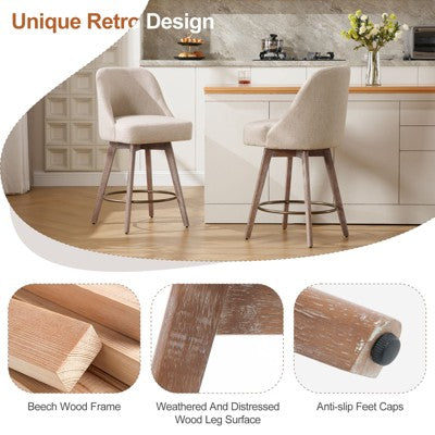 Bekrvio 26" Swivel Bar Stools Set of 1 with Solid Wood Legs, 3.15" Linen Upholstered Seat with Back, Mid-Century Bar Chairs for Kitchen Island, Brown (LOCAL PICKUP ONLY)