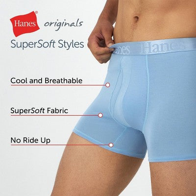 Hanes Originals Premium Men's SuperSoft Trunks 3pk - Blue/Black S: Lightweight, Tagless, Moisture Wicking, Stretch Knit Fabric
