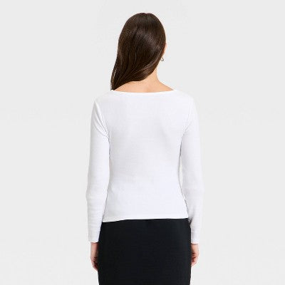Women's Lace Trim V-Neck Ribbed Top - A New Day White L