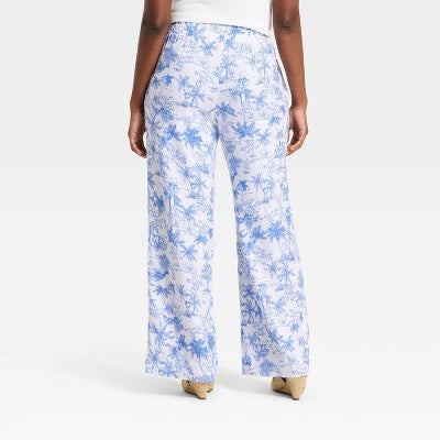 Women's Linen Wide Leg Pull-On Pants - A New Day Blue/White Toile XL Short