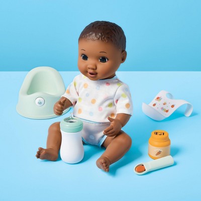 14" Drink and Wet Baby Doll - Dark Brown Hair + Brown Eyes - Gigglescape: Includes Spoon, Bib, Potty Chair, Diaper