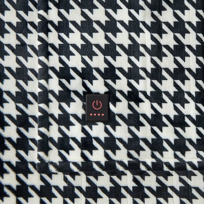 Brookstone Cozy Throw Houndstooth Printed Plush Black White