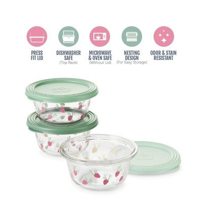 Ello Everyday 6pc 3c Glass Set with Body Decal Food Storage Containers Green Strawberries