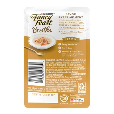 Purina Fancy Feast Broths Lickable Creamy Gourmet Wet Cat Food Complement with Tuna, Chicken & White Fish In Creamy Broth - 1.4oz