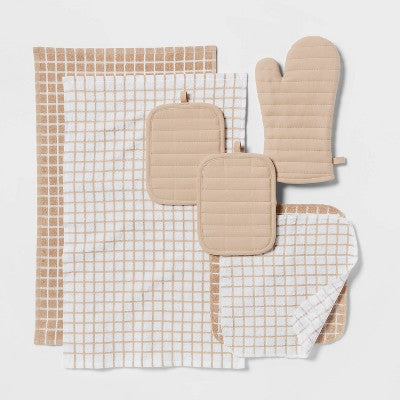 7pc Cotton Kitchen Textile Set Tan - Room Essentials: Includes Oven Mitt, Kitchen Towels, Pot Holders, Dish Cloths