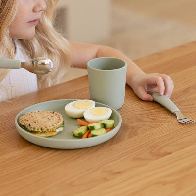 Lalo 3pc Silicone Toddler Plate + Utensils Mealtime Set - Sage: Non-Toxic, BPA-Free, Reusable